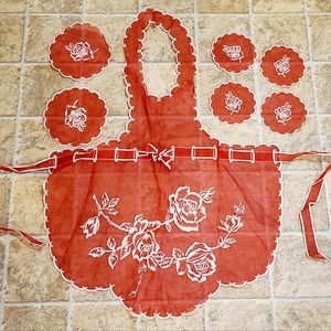 Vintage Red Organdy Full Apron Flocked Floral
